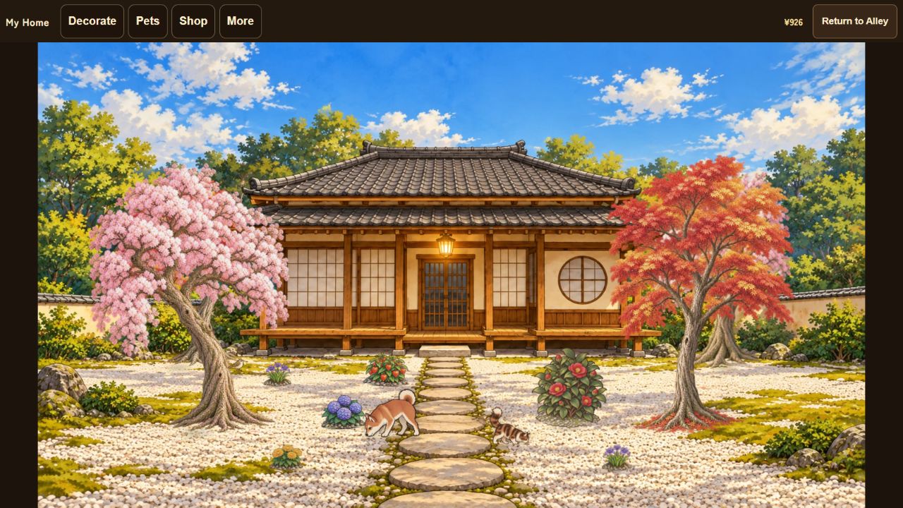 A decorated Lantern Alley garden around a Japanese house